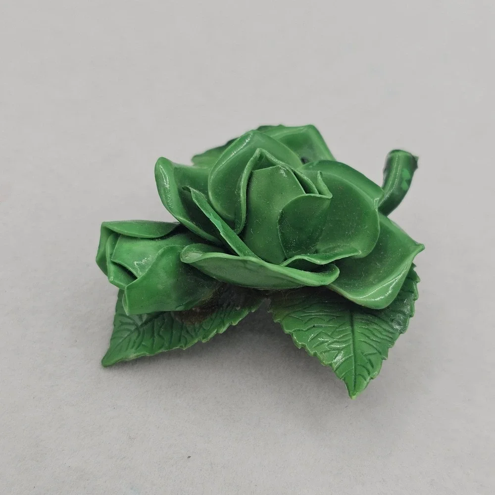 Vintage Green Rose Brooch Floral Leaf Kitschy Mid Century Retro 2 inch Pin